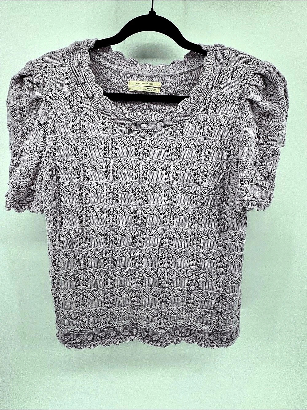 Anthropologie Lavender Pointelle Crochet Knit Puff Sleeve Top Sweater Sz L - Picture 3 of 7